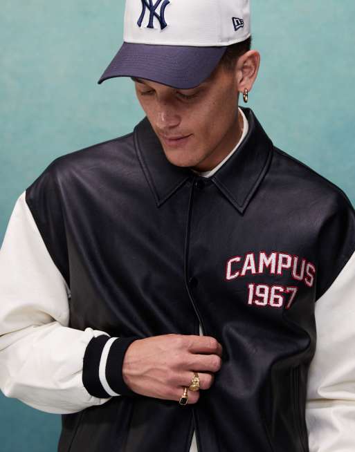 ASOS DESIGN – Czarna kurtka varsity oversize z rękawami z imitacji skóry, 4 z 4