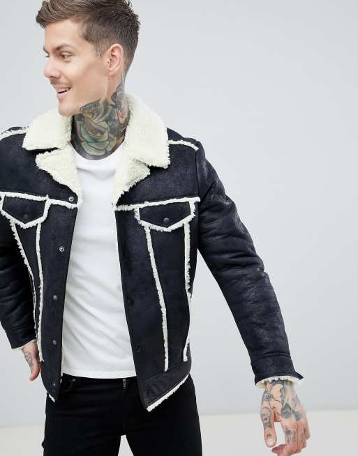 ASOS DESIGN – Czarna kurtka w stylu westernowym z podszewką i ozdobnymi szwami z imitacji owczej wełny