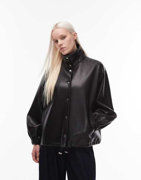ASOS DESIGN faux leather funnel neck jacket in black
