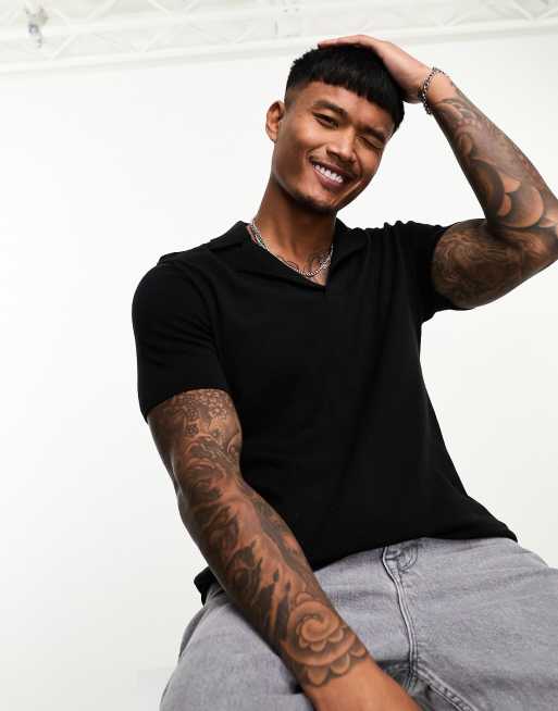 ASOS DESIGN – Czarna lekka koszulka polo z kołnierzykiem kubańskim z dzianiny bawełnianej