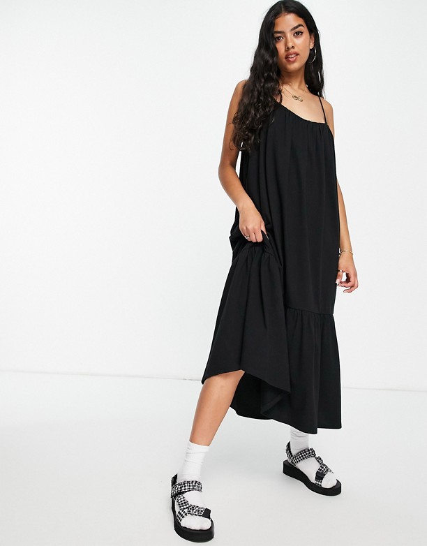  Przed Sprzedaż ASOS DESIGN – Czarna letnia sukienka midi na ramiączkach z falbaną na dole Black