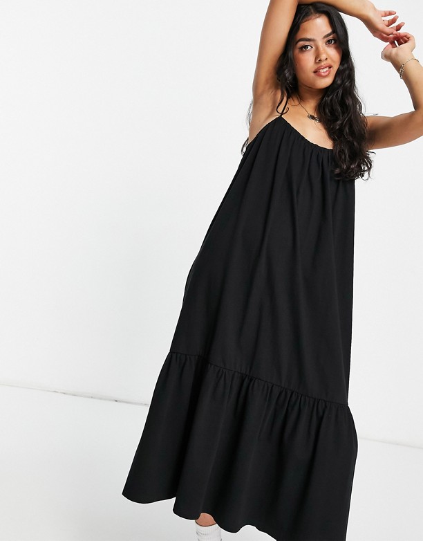  Przed Sprzedaż ASOS DESIGN – Czarna letnia sukienka midi na ramiączkach z falbaną na dole Black