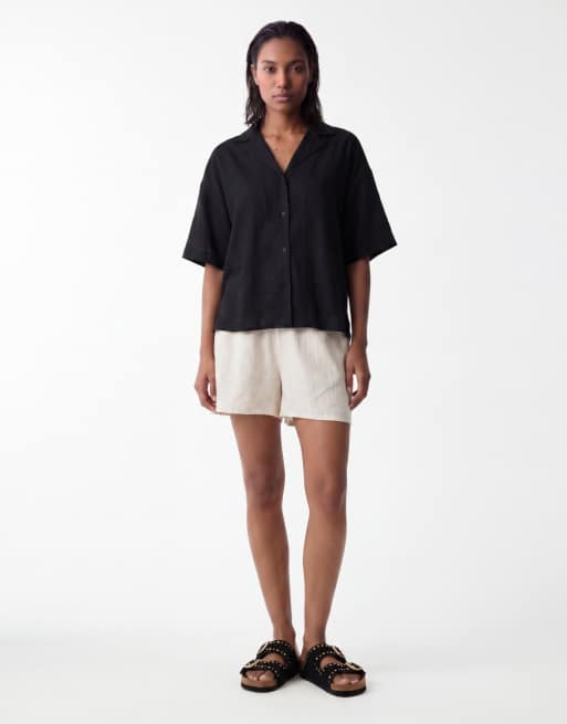 ASOS DESIGN – Czarna lniana koszula z kołnierzykiem kubańskim, 3 z 4