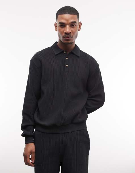 ASOS DESIGN – Czarna luźna koszulka polo z prążkowanego dżerseju z efektem sprania, część zestawu - view 1