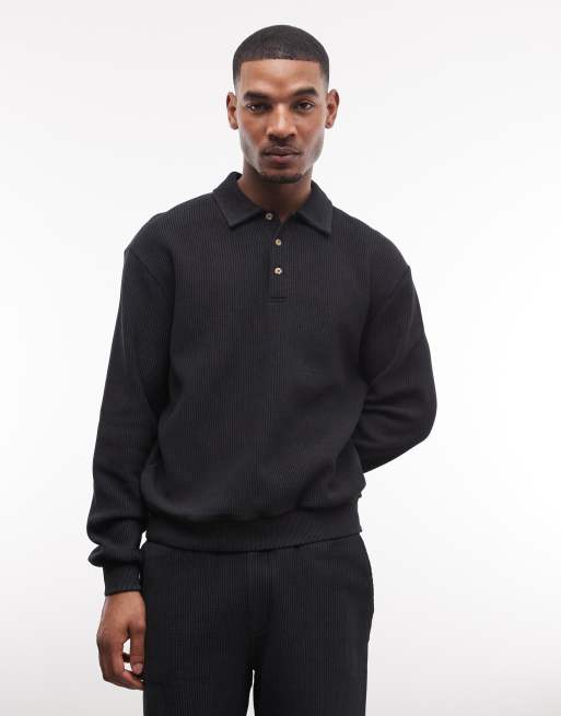 ASOS DESIGN – Czarny sprany zestaw z prążkowanego dżerseju: luźna koszulka polo i szorty, 2 z 3