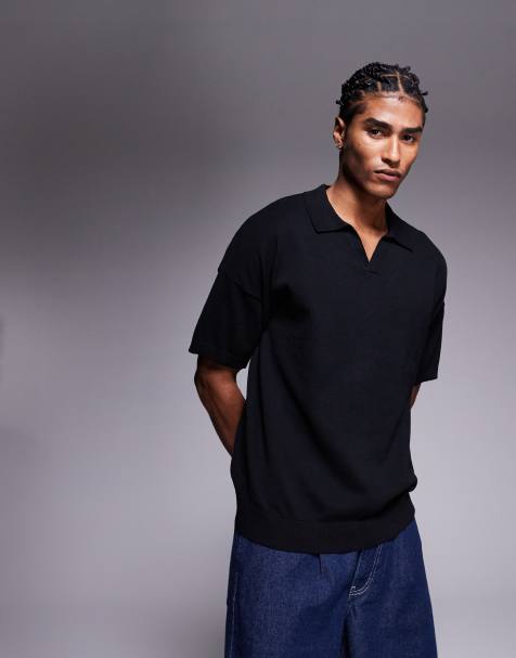 ASOS DESIGN relaxed knitted midweight cotton notch neck polo in black