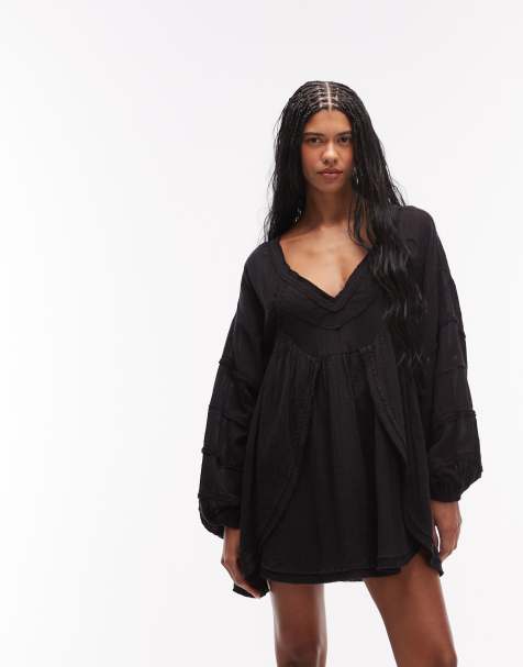 ASOS DESIGN – Czarna luźna sukienka mini z dekoltem w szpic i efektem sprania - view 1