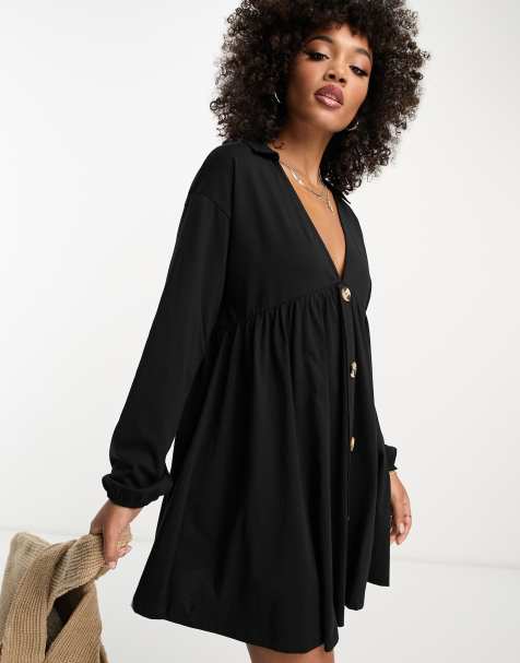 ASOS DESIGN long sleeve mini smock dress with buttons in black 