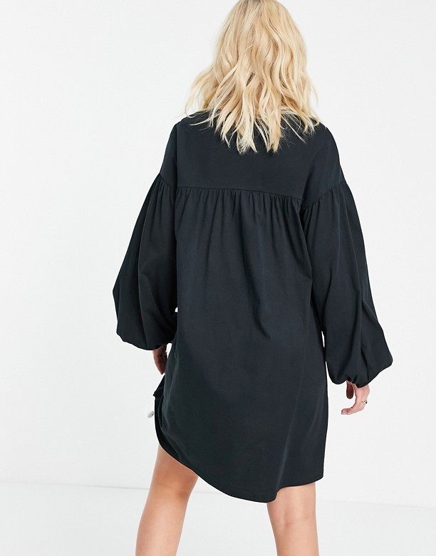  Niska Cena ASOS DESIGN – Czarna luźna sukienka mini zapinana na guziki, z długim rękawem Black