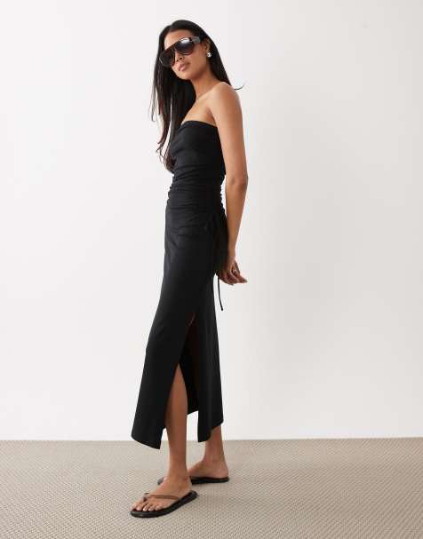ASOS DESIGN – Czarna, marszczona po bokach sukienka midi z dekoltem bandeau - view 1