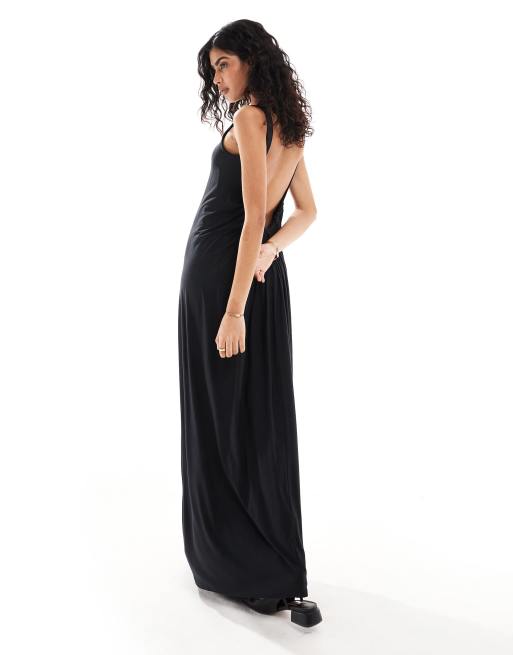 ASOS DESIGN – Czarna marszczona sukienka maxi z głębokim wycięciem na plecach