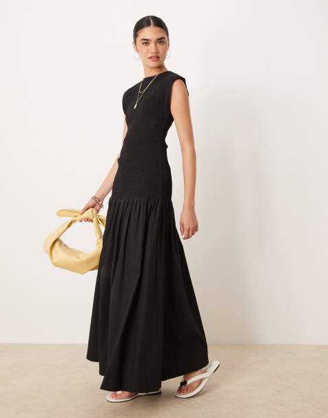 ASOS DESIGN – Czarna marszczona sukienka maxi z popeliny z obniżoną talią - view 1