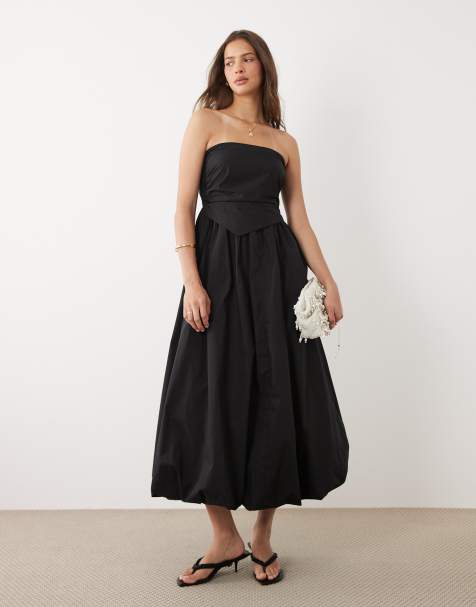 ASOS DESIGN – Czarna, marszczona sukienka midi z dekoltem bandeau - view 1