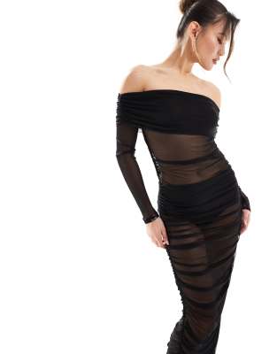 ASOS DESIGN – Czarna marszczona sukienka midi z długimi rękawami i dekoltem bardot z siateczki