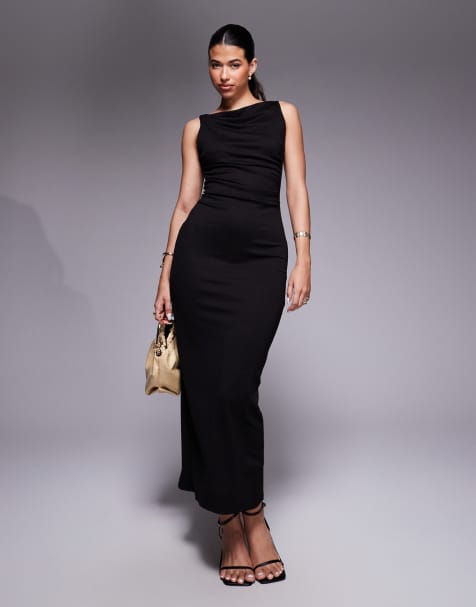 ASOS DESIGN – Czarna marszczona z boku sukienka midi z prostym dekoltem z materiału ponte - view 1