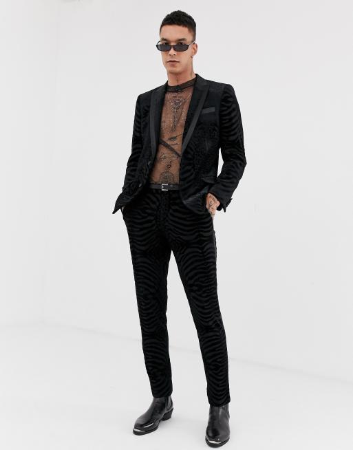 ASOS DESIGN – Czarny garnitur o obcisłym kroju z aksamitu we wzór skóry lamparciej z brokatem, 2 z 3
