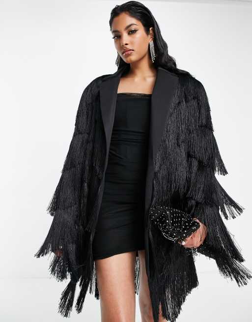 ASOS DESIGN – Czarna marynarka oversize z frędzlami