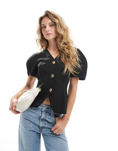 ASOS DESIGN balloon short sleeve moulded hip blazer in black