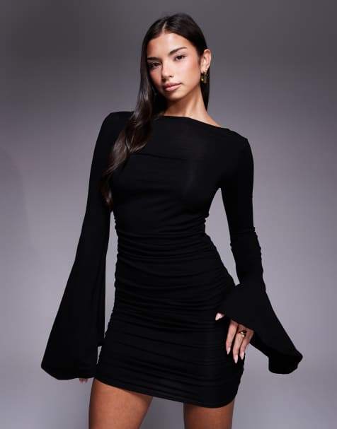 ASOS DESIGN – Czarna modelująca marszczona sukienka mini z kaskadowymi rękawami - view 1
