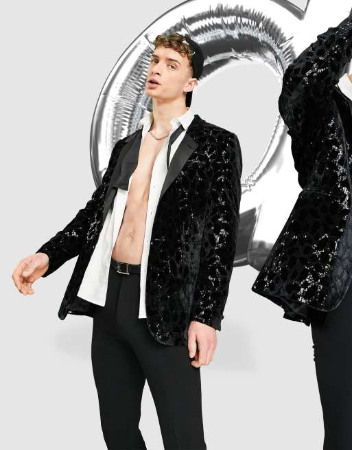 ASOS DESIGN – Czarna obcisła marynarka o wydłużonym fasonie w cekinowe paski