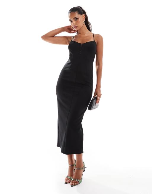 ASOS DESIGN – Czarna obcisła sukienka midi z dekoltem bardot i skrzyżowanymi ramiączkami na plecach