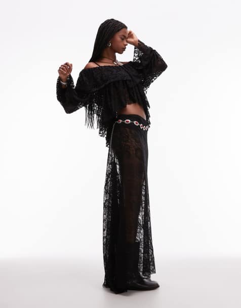 ASOS DESIGN lace bias cut panelled maxi skirt in black