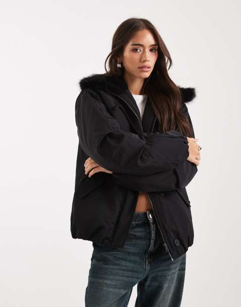 ASOS DESIGN bomber parka jacket with faux fur hood in black