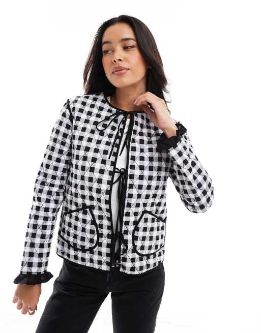 ASOS DESIGN – Czarna pikowana kurtka w kratkę vichy z wiązaniem z przodu