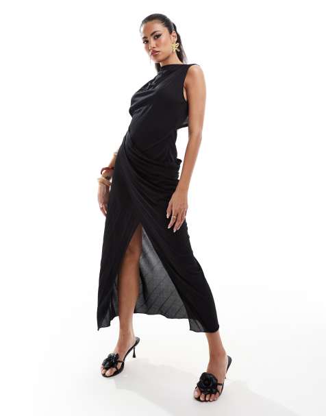 ASOS DESIGN – Czarna plisowana sukienka maxi z zabudowanym dekoltem i drapowaną kopertową spódnicą - view 1