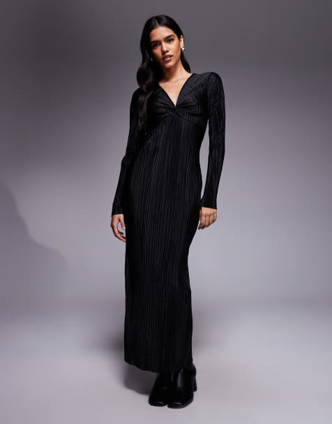 ASOS DESIGN – Czarna plisowana sukienka midi z długimi rękawami i skręconym przodem - view 1