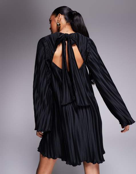 ASOS DESIGN – Czarna plisowana sukienka mini z szerokimi rękawami i kokardką na plecach - view 1