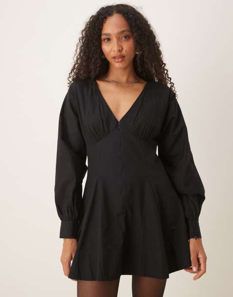 ASOS DESIGN long sleeve v neck poplin mini dress in black