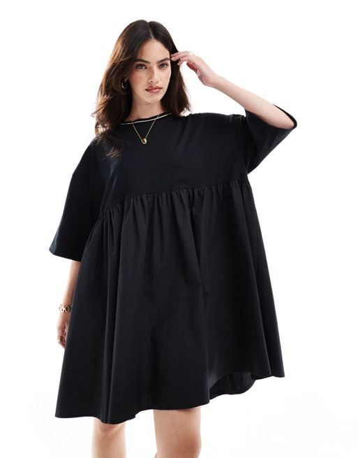 FhyzicsShops DESIGN – Czarna popelinowa sukienka mini z krótkimi rękawami i kontrastowym dekoltem