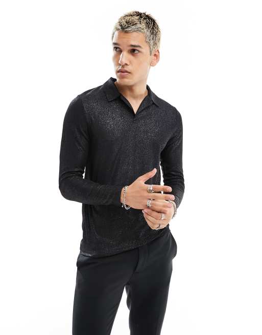 ASOS DESIGN – Czarna prążkowana brokatowa koszulka polo z długimi rękawami i kołnierzykiem kubańskim o kroju podkreślającym sylwetkę