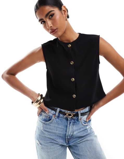 ASOS DESIGN ribbed wide shoulder boxy cropped waistcoat in black