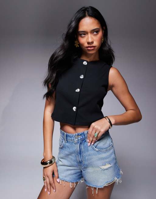 ASOS DESIGN – Czarna prążkowana kamizelka o krótkim pudełkowym kroju z szerokimi ramionami