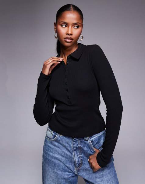 ASOS DESIGN – Czarna prążkowana koszulka polo z długimi rękawami - view 1