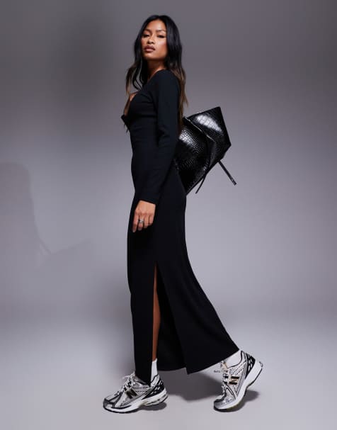 ASOS DESIGN – Czarna prążkowana sukienka maxi z rozcięciem - view 1