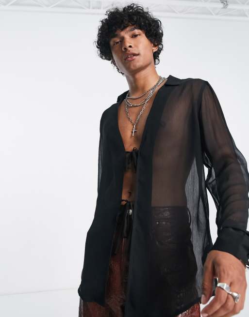 ASOS DESIGN – Czarna prześwitująca koszula o wydłużonym fasonie z wiązaniem z przodu – BLACK