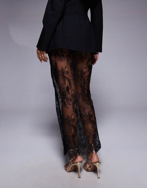 ASOS DESIGN – Czarna prześwitująca spódnica maxi z delikatnej koronki, 4 z 5