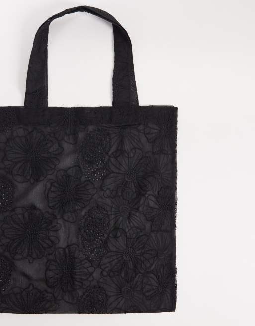 ASOS DESIGN – Czarna prześwitująca torba typu tote w haftowany kwiatowy wzór, 4 z 4