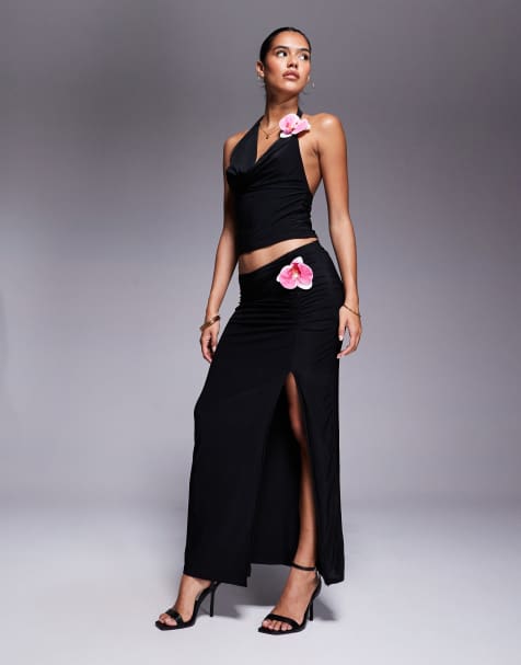ASOS DESIGN co-ord slinky ruched waist maxi skirt with floral trim detail in black