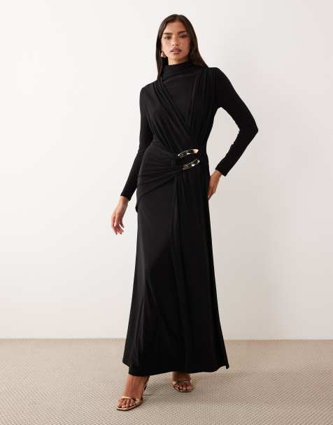 ASOS DESIGN – Czarna przylegająca sukienka maxi z drapowaniem i ozdobnym wykończeniem - view 1