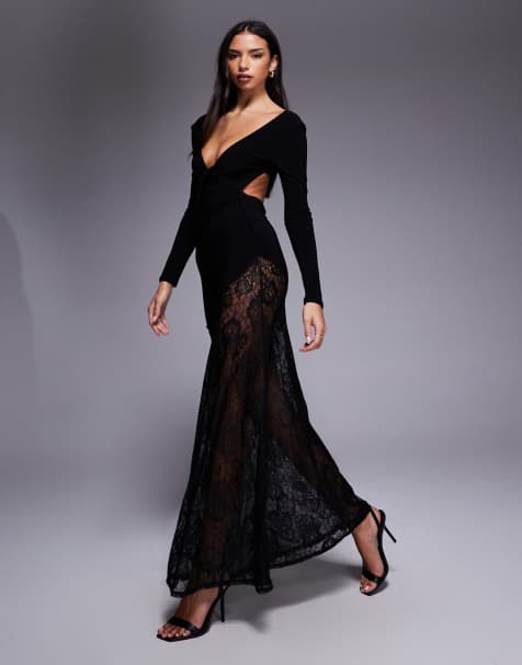 ASOS DESIGN lace mix slinky plunge long sleeve maxi dress in black