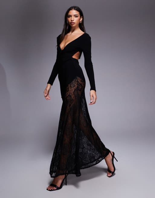 ASOS DESIGN – Czarna przylegająca sukienka maxi z długimi rękawami, głębokim dekoltem i koronkową wstawką