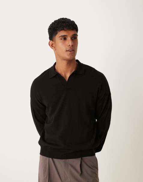 ASOS DESIGN – Czarna pudełkowa koszulka dzianinowa polo o luźnym kroju z długimi rękawami i wcięciem w kołnierzu - view 1