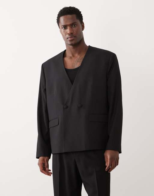 ASOS DESIGN – Czarny pudełkowy garnitur z marynarką bez kołnierza, 2 z 3