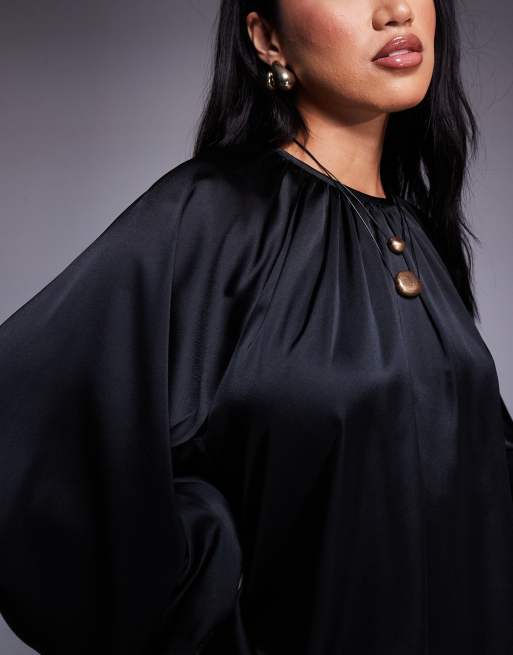 ASOS DESIGN – Czarna satynowa bluzka z obszernymi rękawami, 3 z 4
