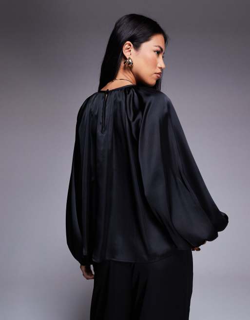 ASOS DESIGN – Czarna satynowa bluzka z obszernymi rękawami, 4 z 4