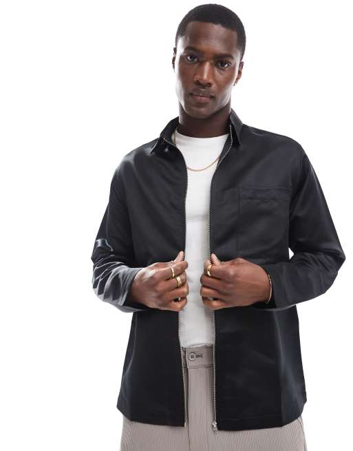 ASOS DESIGN – Czarna satynowa koszula o luźnym kroju z zapięciem na zamek